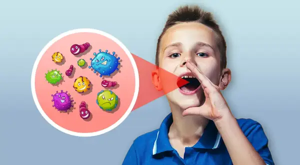 Bambino con bocca aperta, da cui escono germi colorati. Un cerchio mostra la **disbiosi orale**, un disequilibrio di batteri.