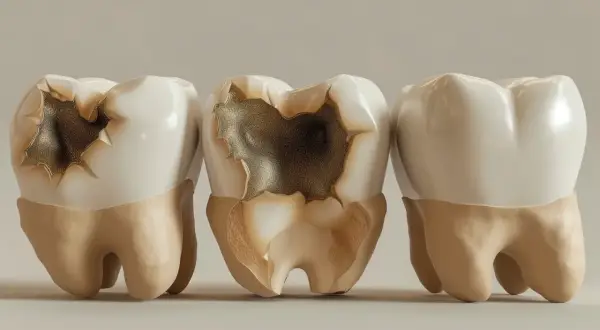 Tre denti, due con carie evidenti e uno sano. È importante curare la carie per preservare la salute orale.