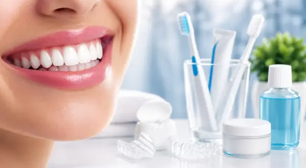 Sorriso smagliante con denti puliti, spazzolini, dentifricio, filo interdentale, collutorio e apparecchi trasparenti.