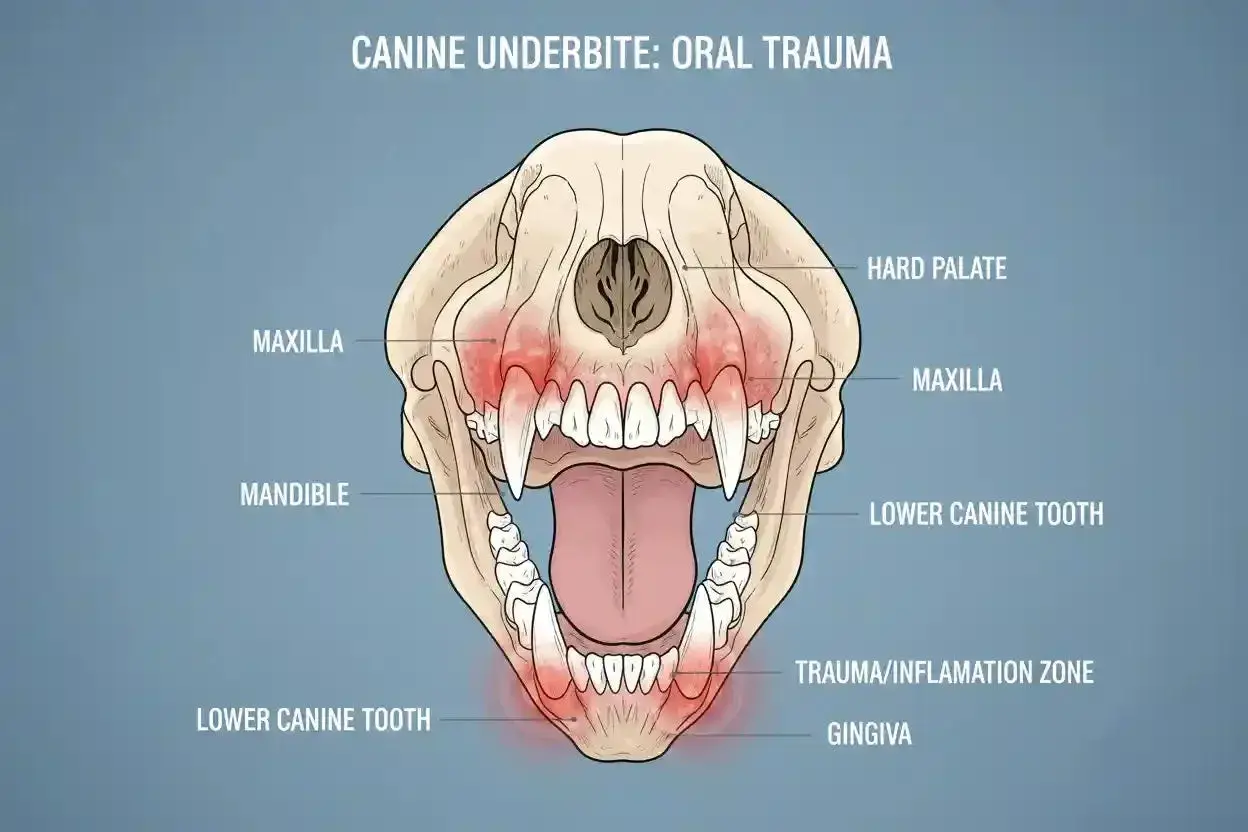 Scheletro di cane con morso inverso, evidenziate le zone di trauma e infiammazione su mascella e gengive.