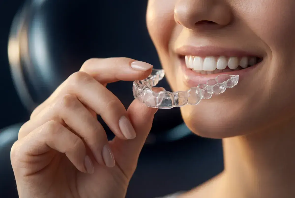 Donna sorride mostrando un aligner trasparente, ma le opinioni negative su Invisalign sono un pensiero ricorrente.