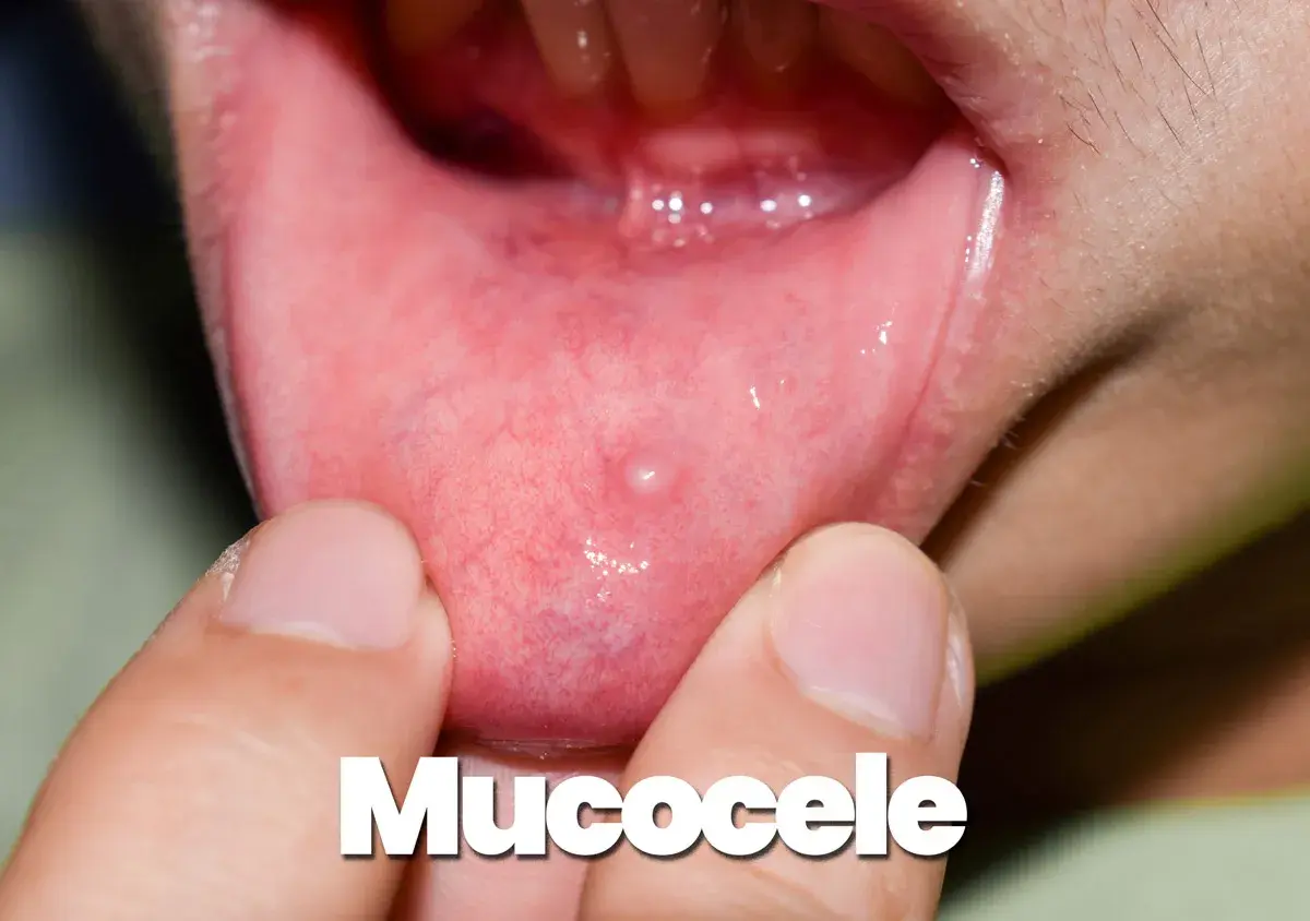 Piccolo mucocele, una cisti da ritenzione, appare sulla mucosa interna della bocca, evidenziata da dita.