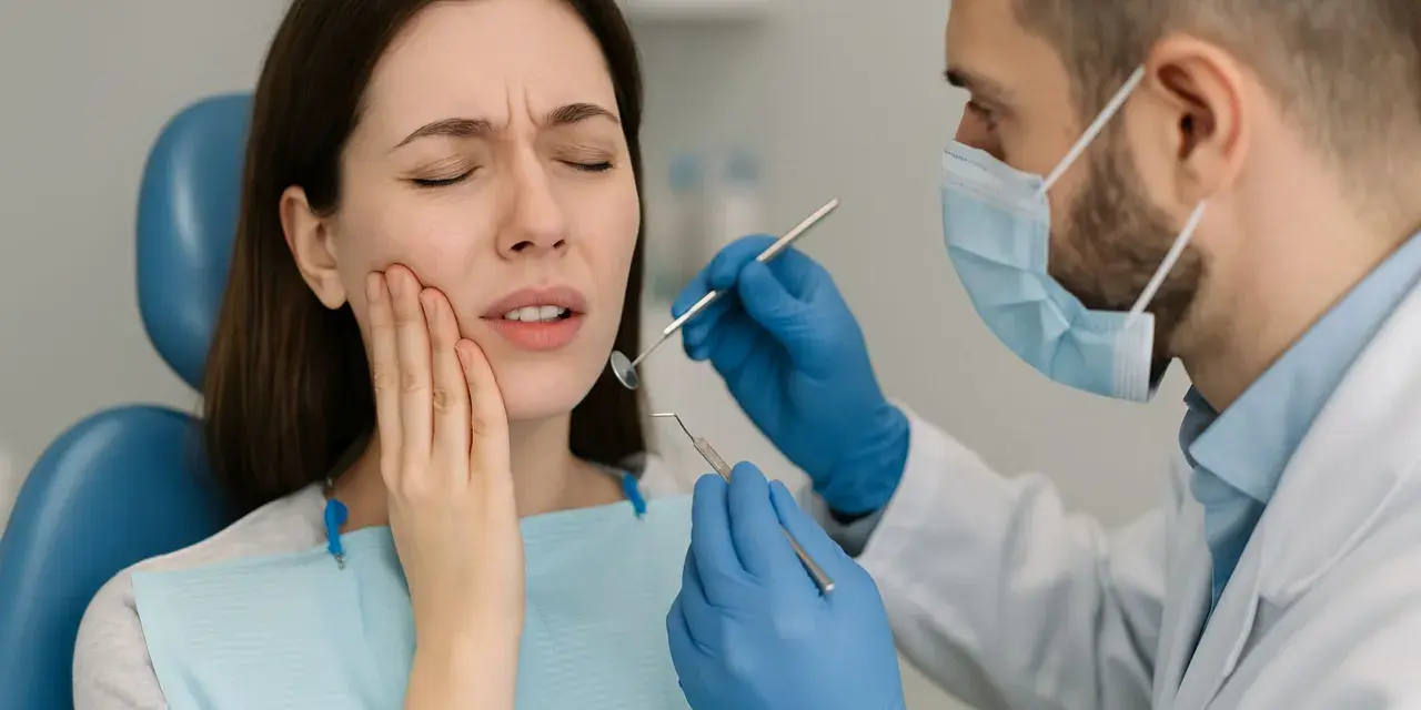 Donna con dolore alla mascella, possibile cisti mandibolare sintomi. Dentista esamina la bocca con strumenti.