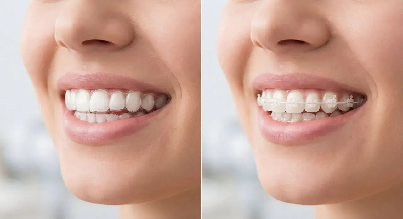 Primo piano di un sorriso con apparecchio trasparente e poi con apparecchio fisso.