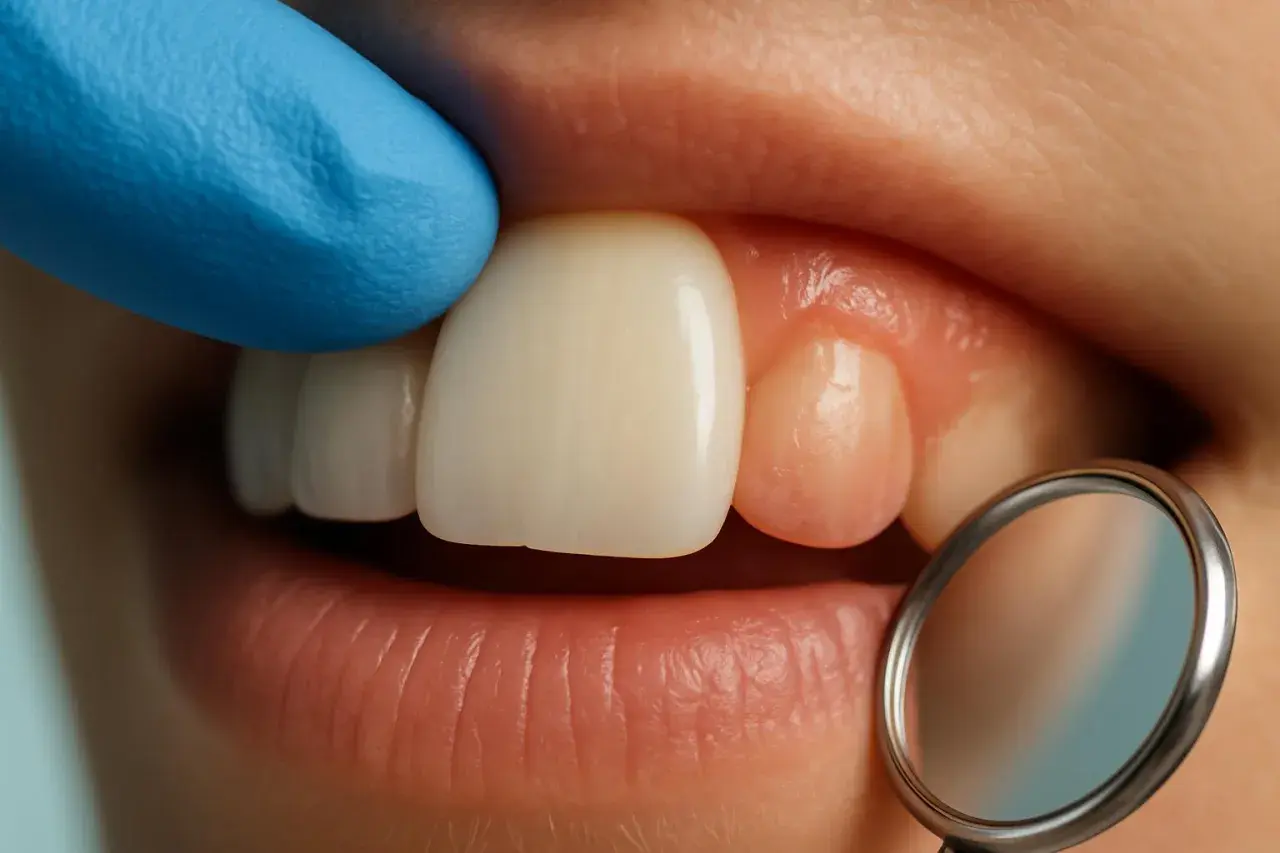 Dettaglio ravvicinato di un sorriso, con un guanto blu che esamina un dente e uno specchietto dentale. Si osserva di quanto si spostano i denti in un mese.
