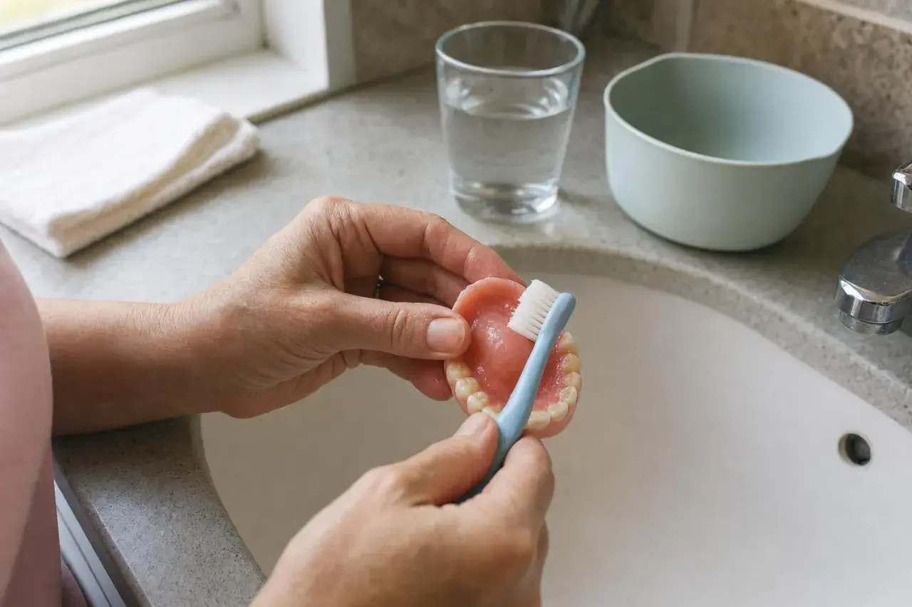 Mani che puliscono un bite con uno spazzolino azzurro, mostrando come pulire il bite per mantenerlo igienico.