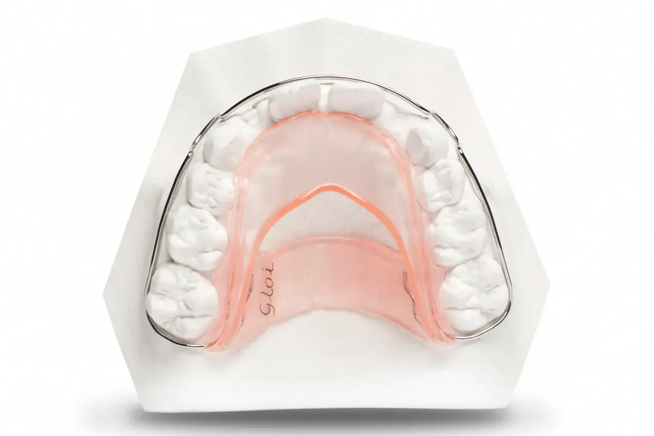 Modello di un elevatore linguale notturno su un calco dentale, progettato per correggere la posizione dei denti durante il sonno.