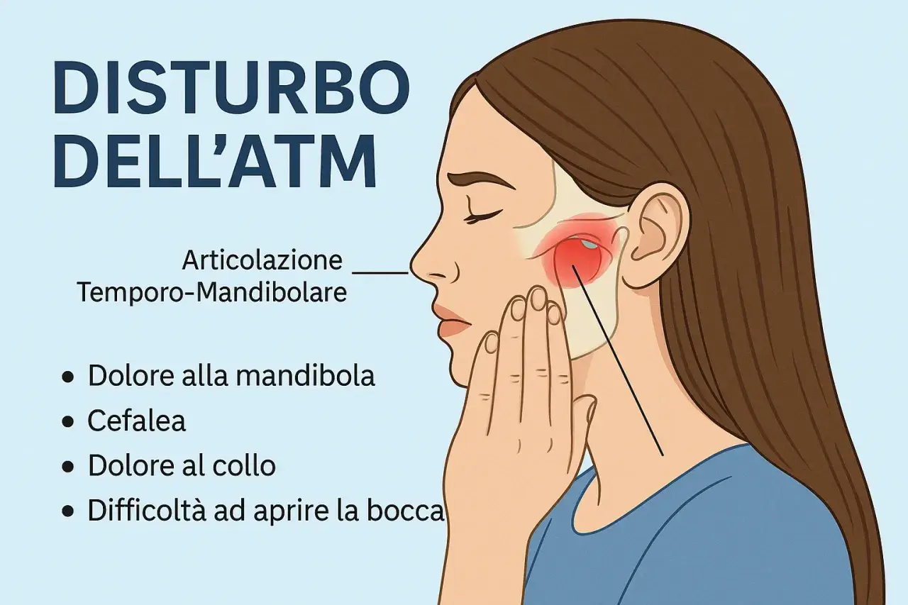Illustrazione medica sul disturbo dell'ATM, con sintomi come dolore alla mandibola e cefalea.