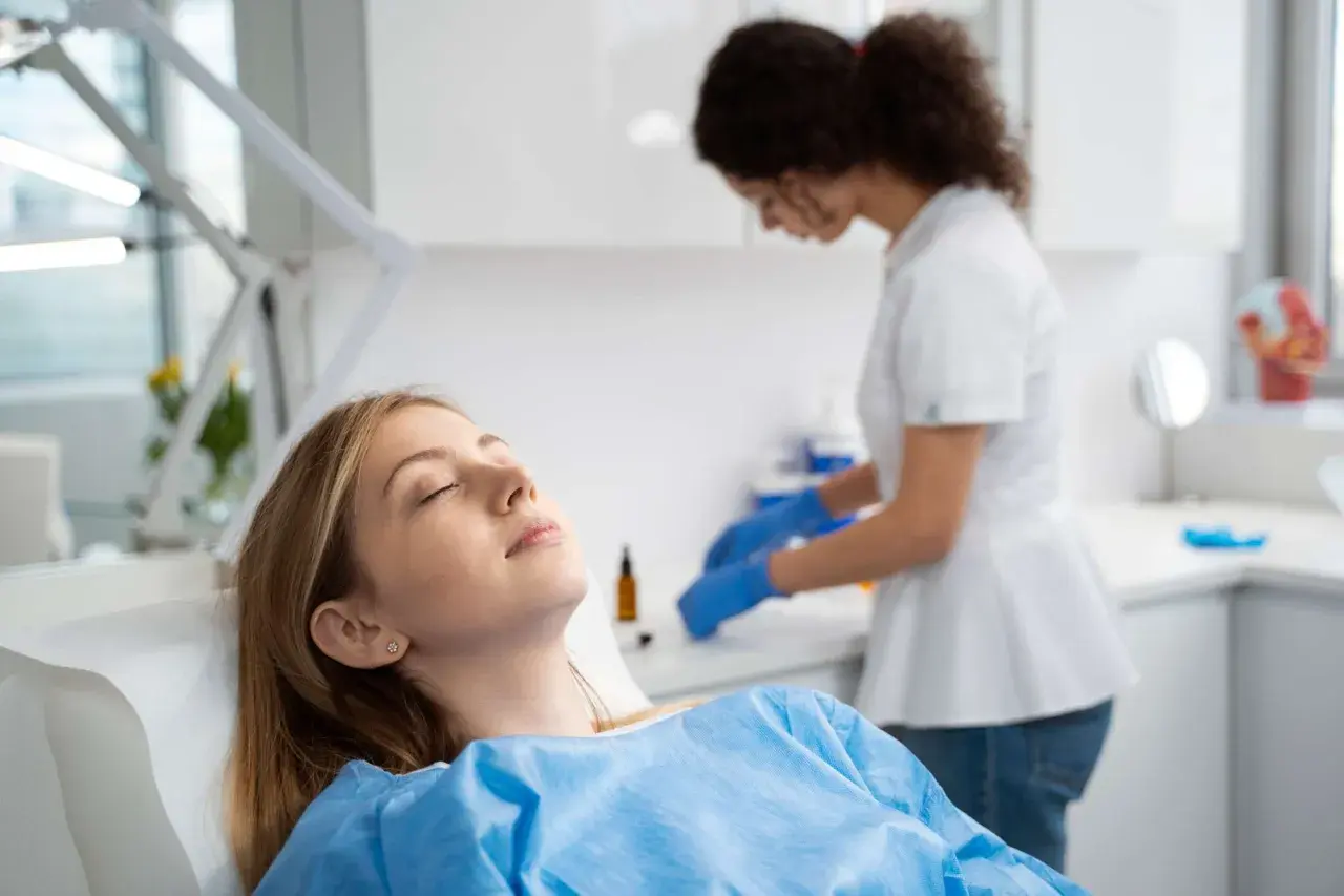 Paziente sdraiata con gli occhi chiusi, forse con un leggero gonfiore guancia dopo anestesia dentista, mentre un'assistente prepara strumenti.