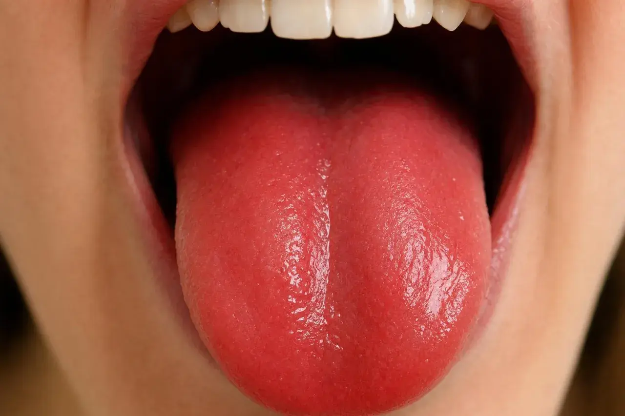 Lingua rossa e liscia, con papille gustative quasi assenti, segno di glossite atrofica.