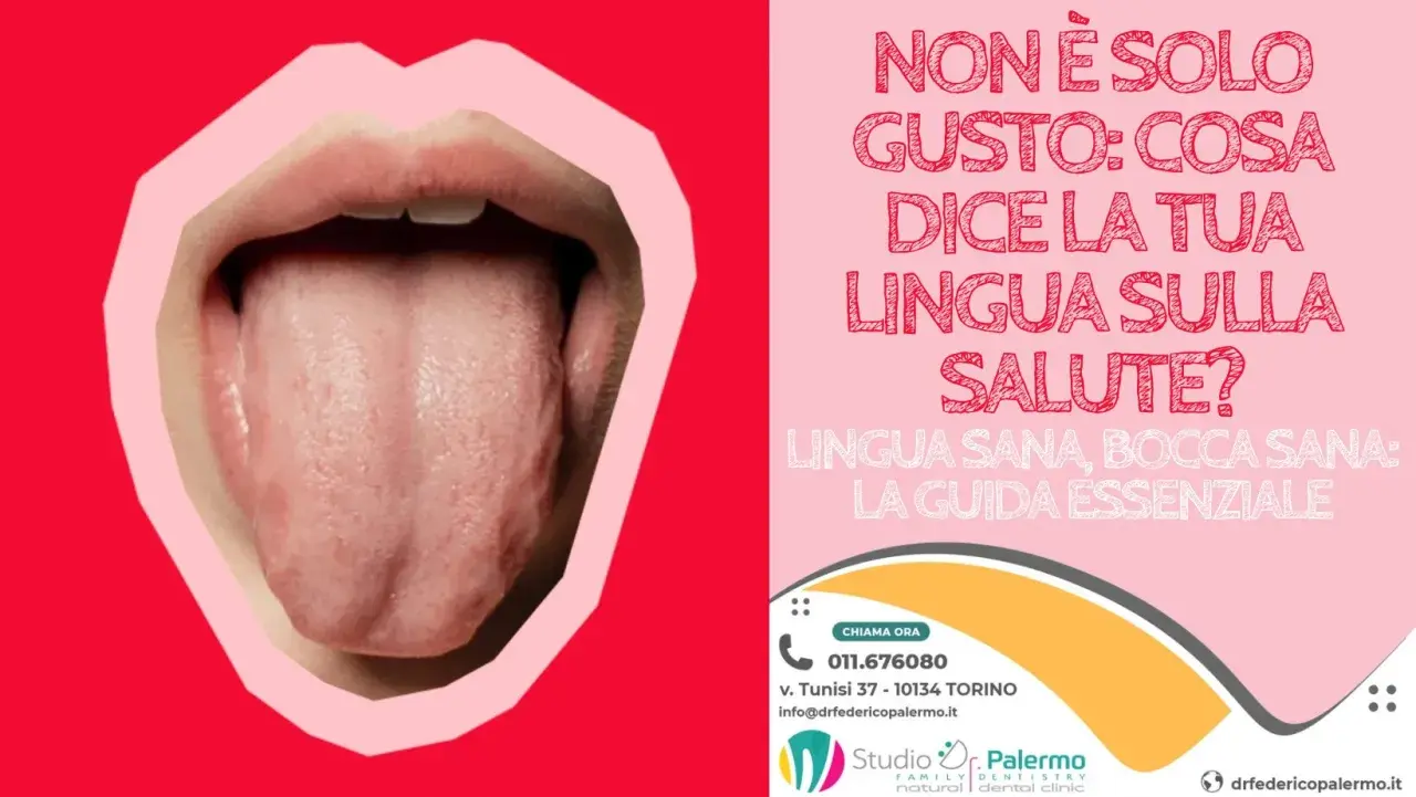Lingua esposta, con un leggero morso sulla lingua, in un'illustrazione che invita a riflettere sulla salute orale.
