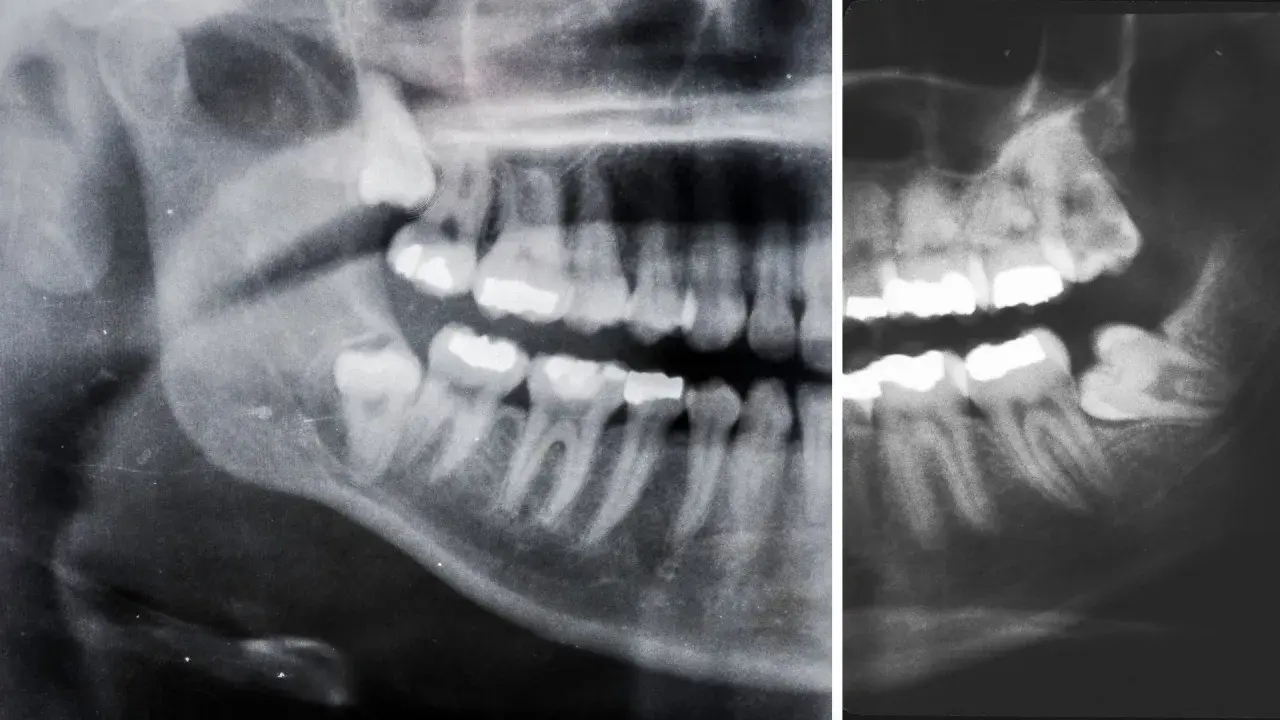 Radiografia panoramica mostra un dente incluso, probabilmente un molare, intrappolato nell'osso mascellare, impedendone la corretta eruzione.