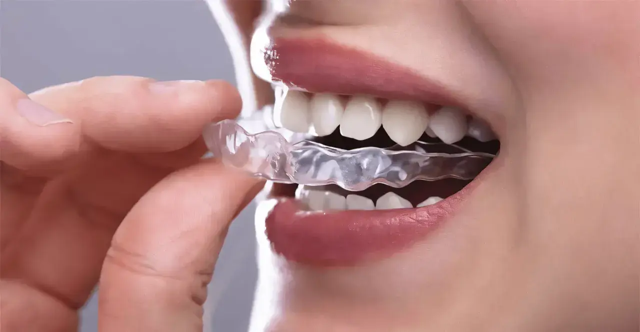 Dita inseriscono un bite dentale trasparente per rilassare la muscolatura.