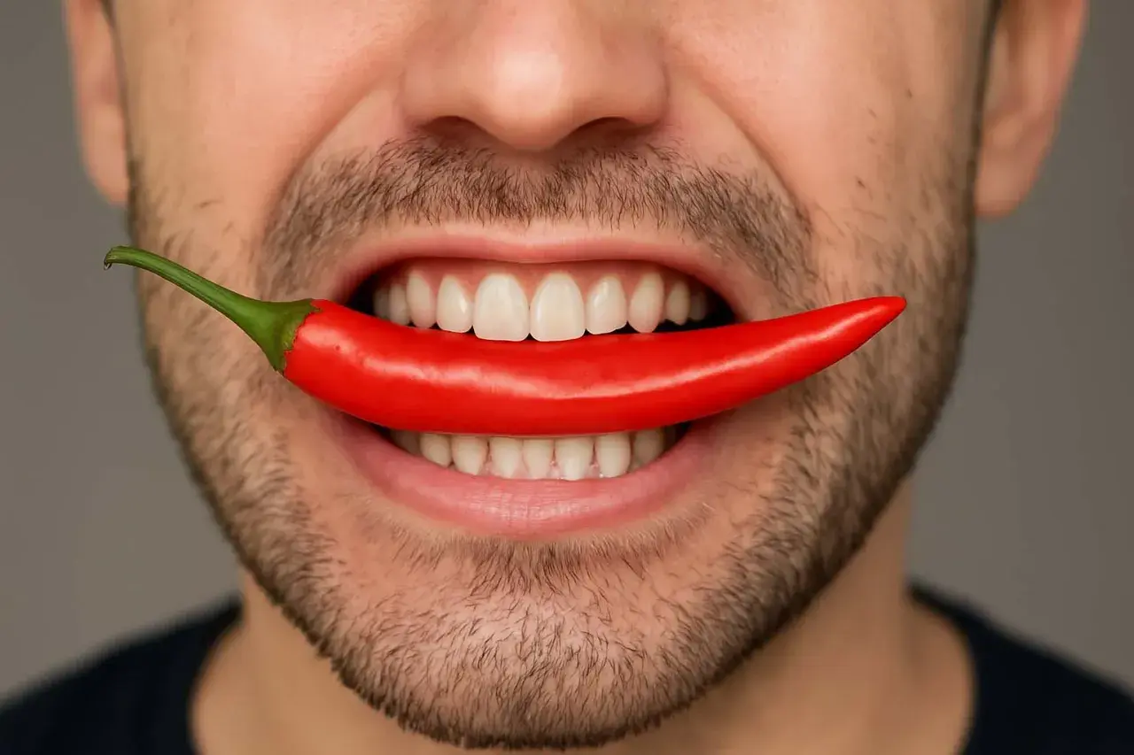 Un uomo con barba morde un peperoncino rosso. Un'immagine che evoca la sensazione di bruciore, ma che può anche rappresentare persone guarite dalla sindrome bocca urente.