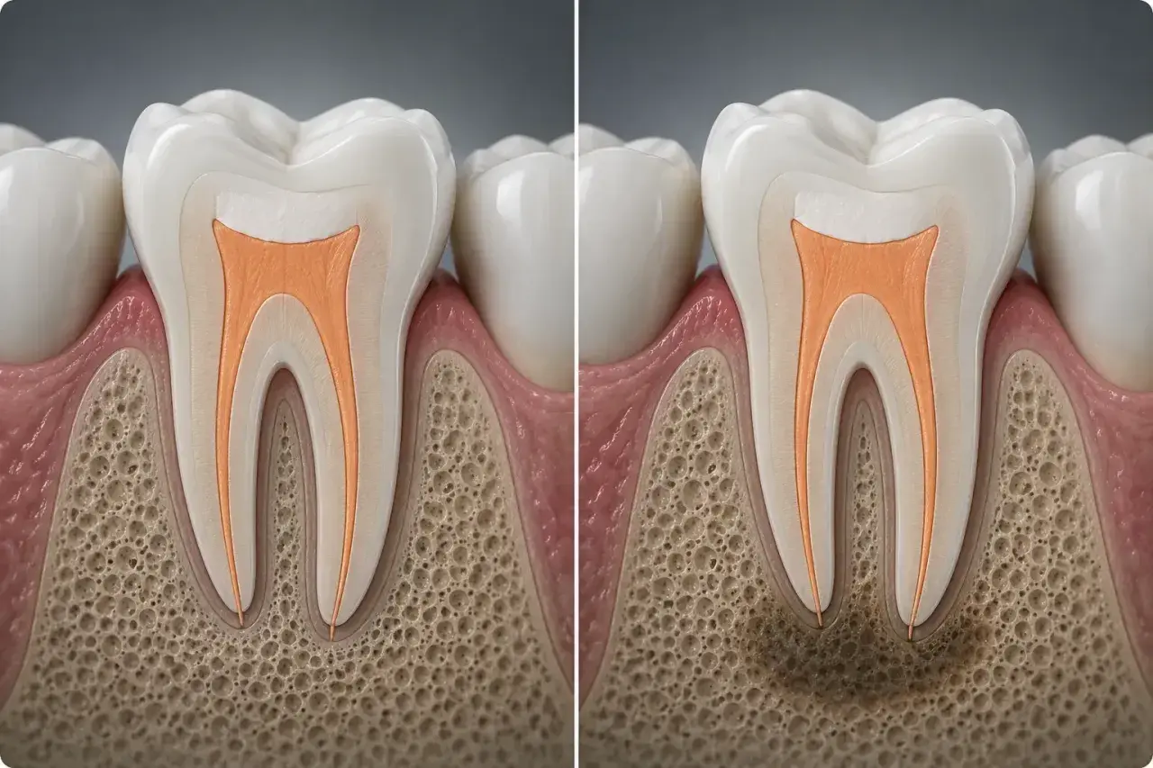 Dente devitalizzato fa male: confronto tra un dente sano e uno con infezione alla radice, che causa infiammazione e dolore.