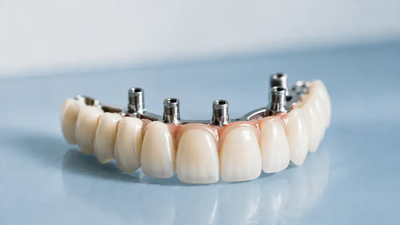 Protesi dentale fissa con denti staccati, fissata su pilastri metallici.