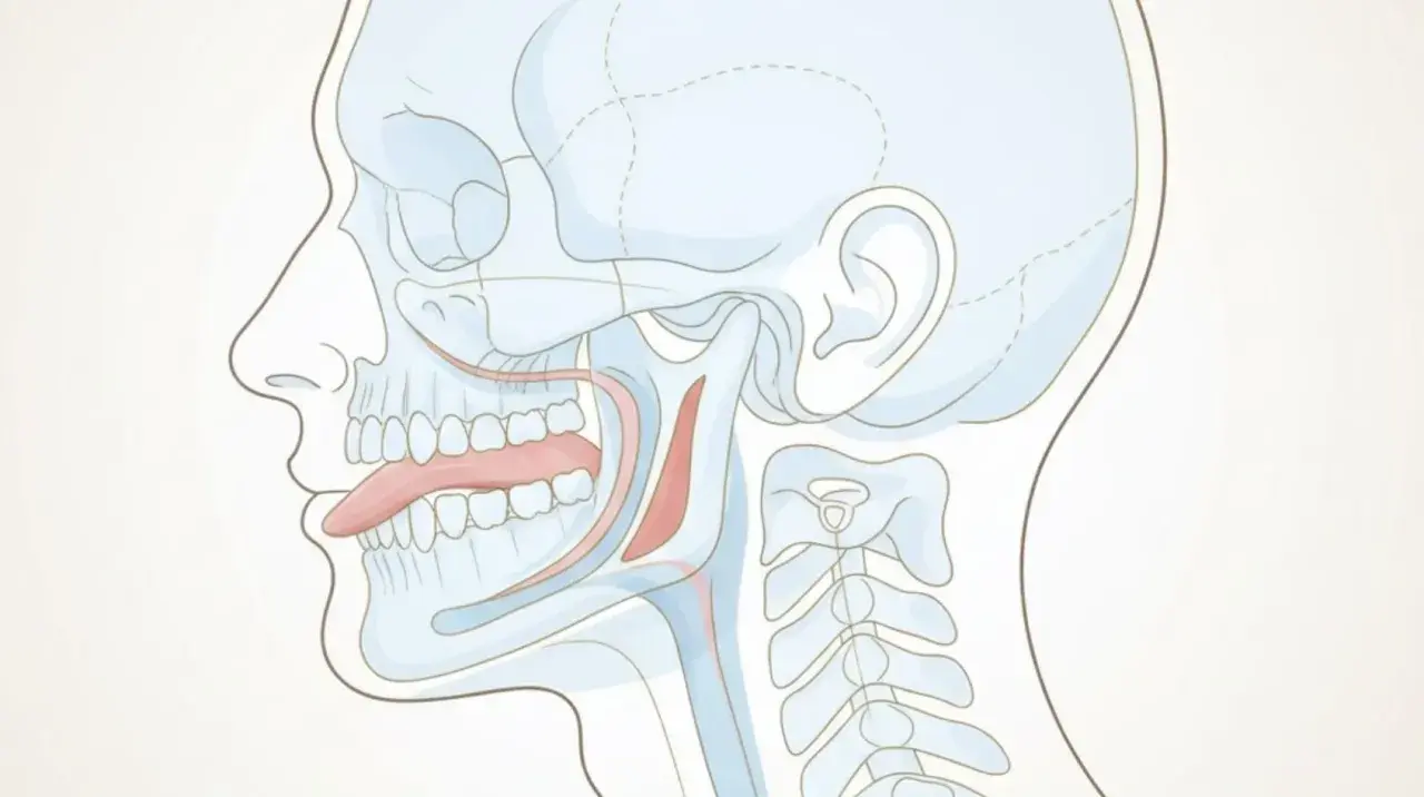 Illustrazione anatomica della lingua posizionata correttamente sul palato, che dimostra come mewing funziona per migliorare la postura facciale e la respirazione.