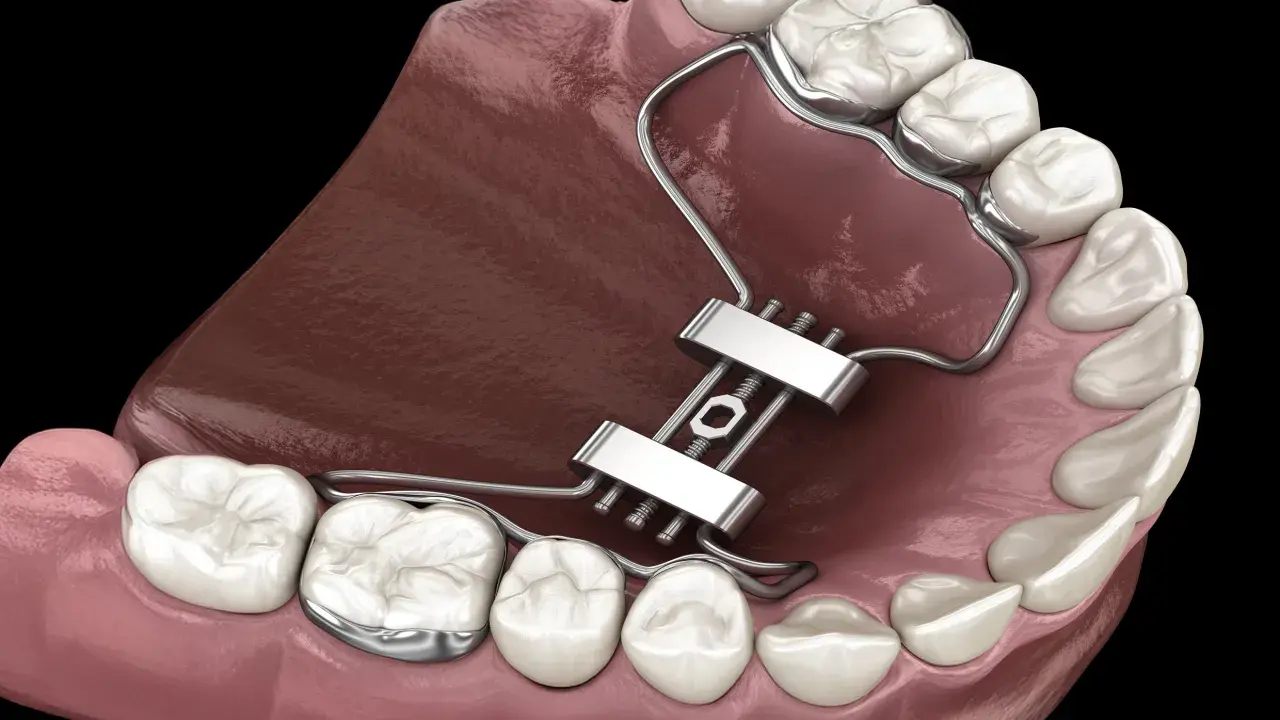 Dettaglio di un espansore palatale metallico applicato ai denti superiori per correggere la mascella.