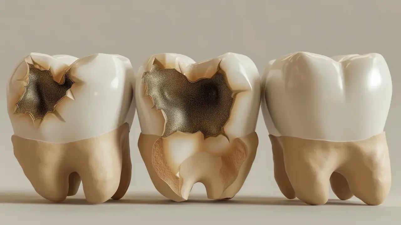Tre denti, due con carie evidenti e uno sano. È importante curare la carie per preservare la salute orale.