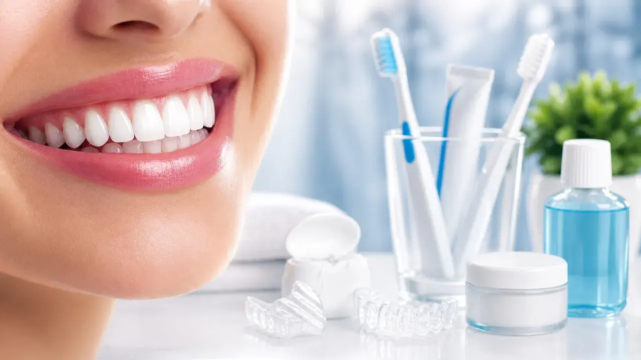 Sorriso smagliante con denti puliti, spazzolini, dentifricio, filo interdentale, collutorio e apparecchi trasparenti.