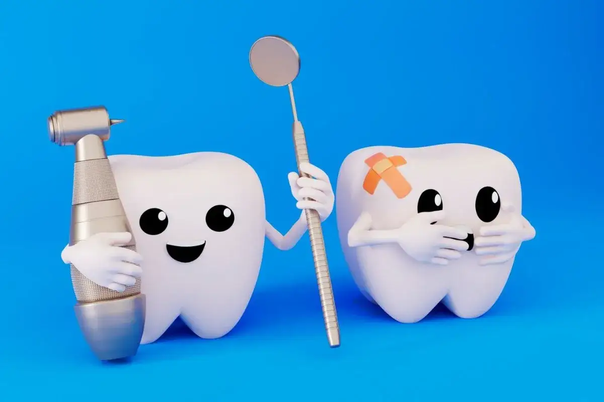 Un dente sorridente con un trapano dentale e un dente spaventato con cerotti, preoccupato per il dente cariato.