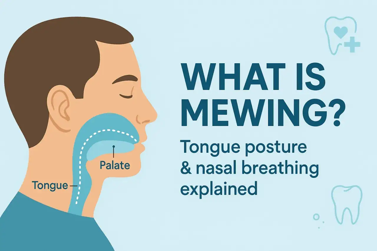 Illustrazione anatomica che mostra la corretta posizione della lingua sul palato, spiegando come mewing funziona per migliorare la postura e la respirazione nasale.