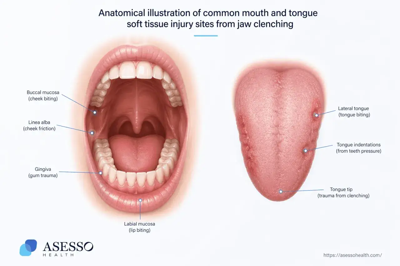 Illustrazione anatomica delle mucose della bocca e della lingua, evidenziando le aree soggette a lesioni da serramento mandibolare, come morsi e attriti.