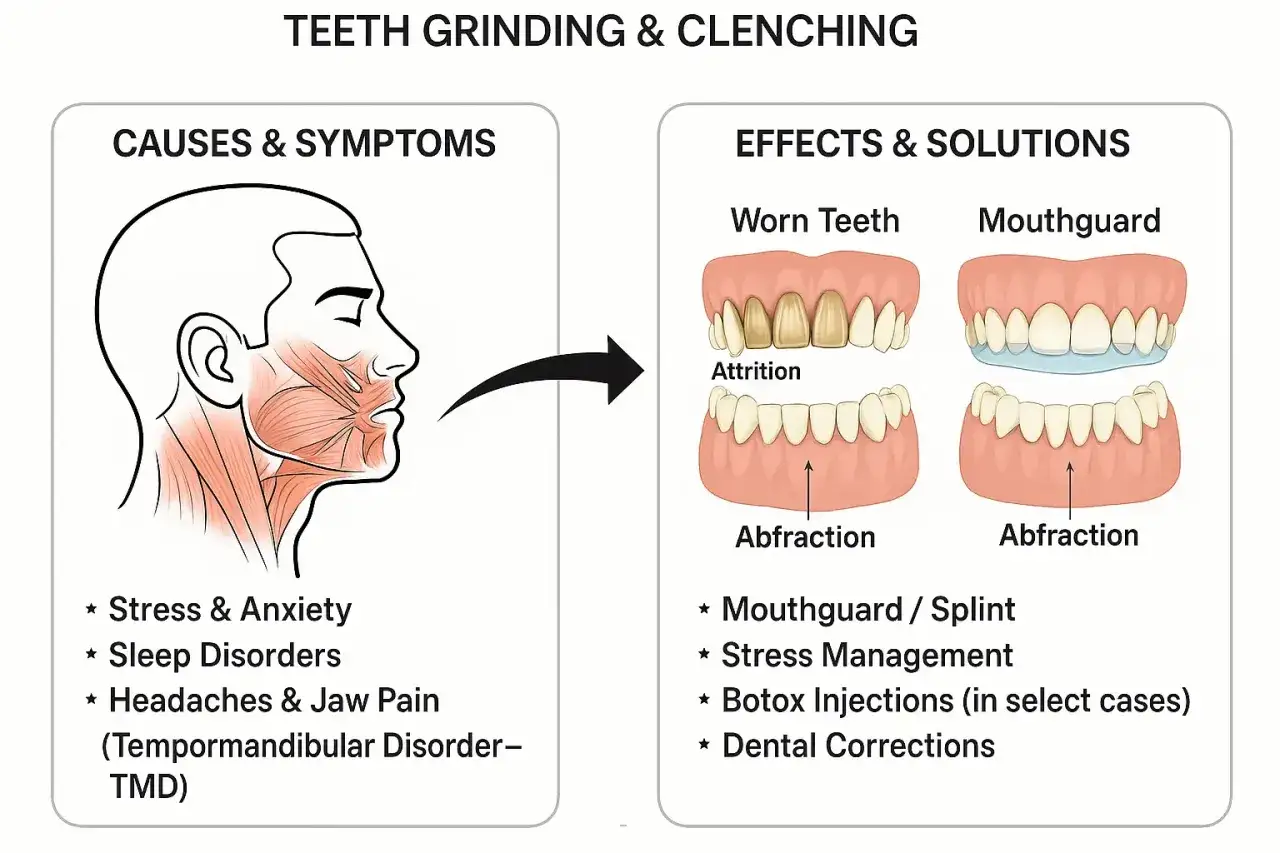 Illustrazione mostra cause (stress, ansia) e sintomi (dolore mandibolare) del digrignare i denti involontariamente, con effetti (denti usurati) e soluzioni (bite, gestione stress).