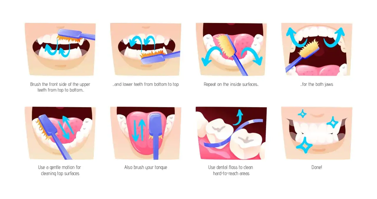 Illustrazione mostra come ottenere denti puliti con spazzolino e filo interdentale, con passaggi chiari per un sorriso smagliante.