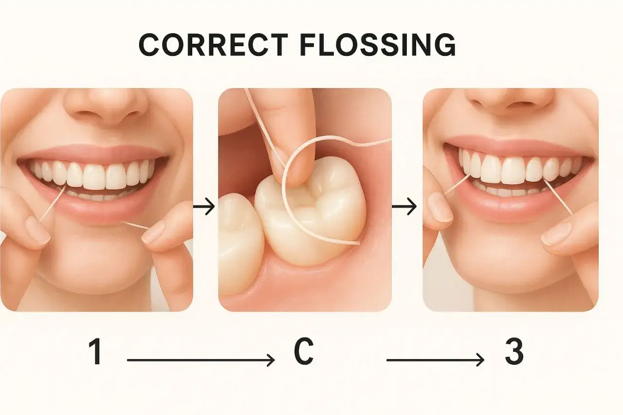 Immagini che mostrano come usare il filo interdentale: inserimento tra i denti, pulizia della superficie del dente e rimozione.