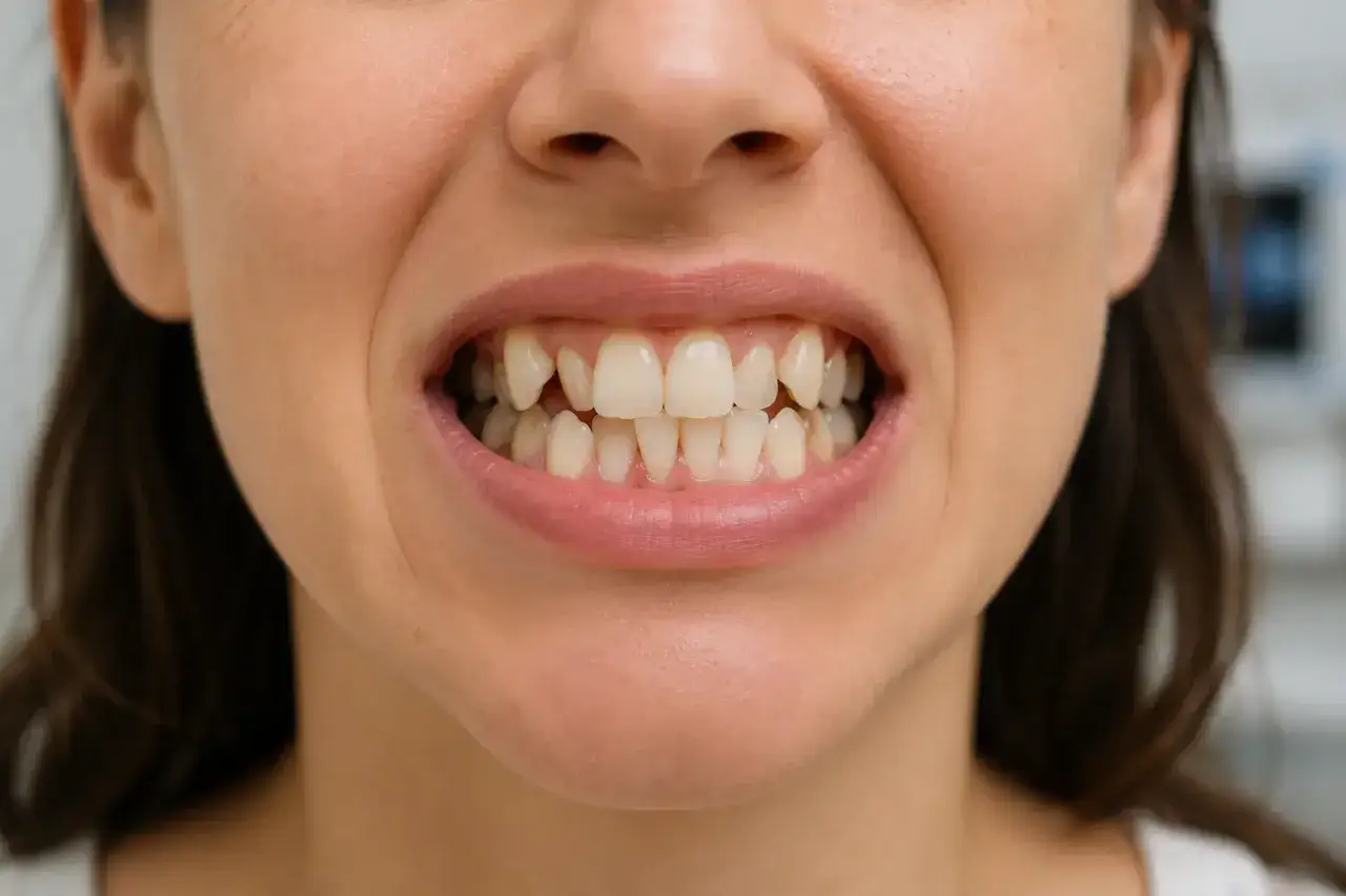 Primo piano di una bocca con denti leggermente storti, un esempio di denti che si spostano a 50 anni.
