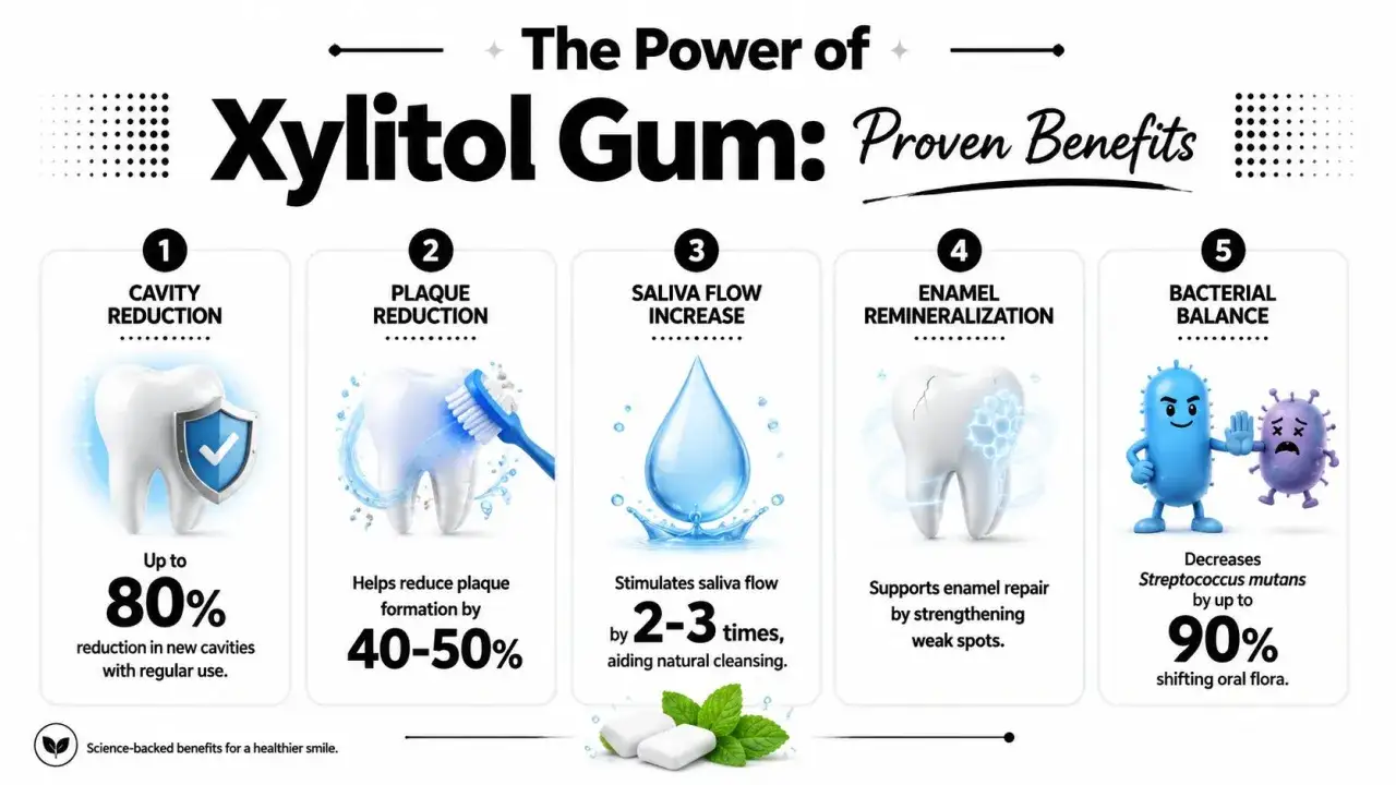 Benefici del masticare chewing gum allo xilitolo: riduzione carie, placca, aumento saliva, rimineralizzazione smalto e equilibrio batterico.