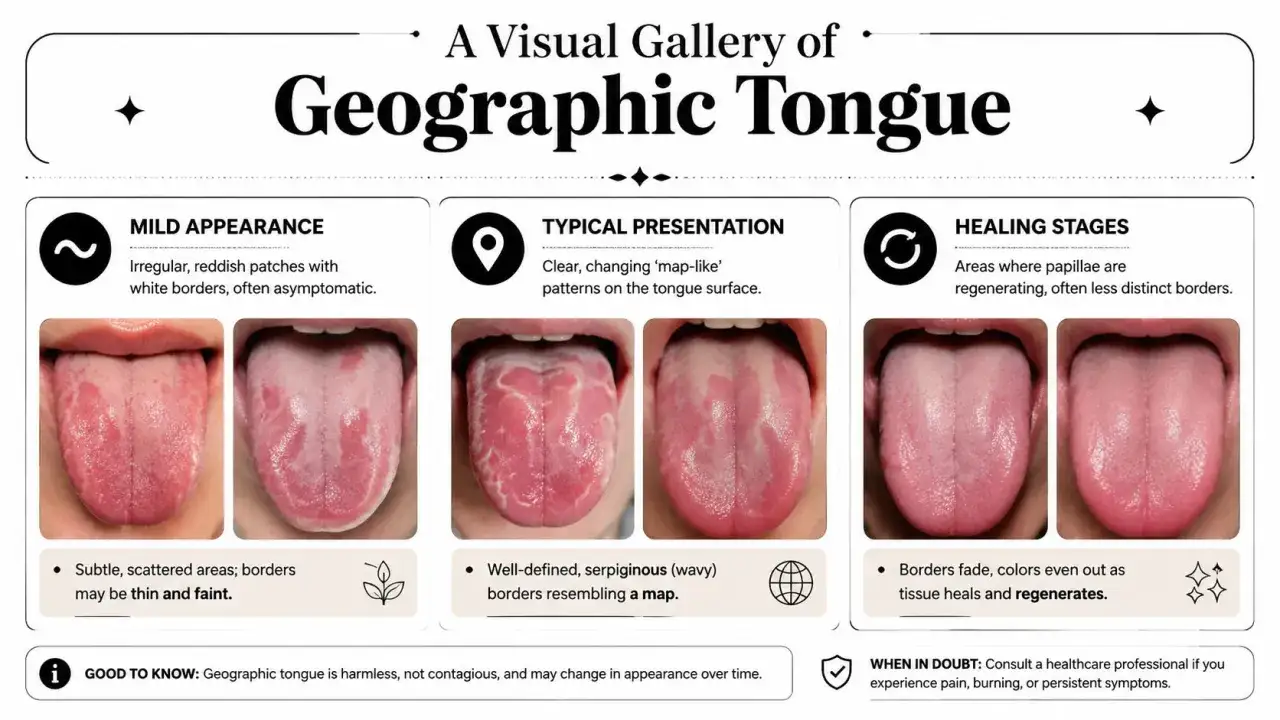 Lingua a carta geografica: immagini mostrano diverse fasi, da chiazze a pattern simili a mappe, fino alla guarigione. Le cause sono sconosciute.
