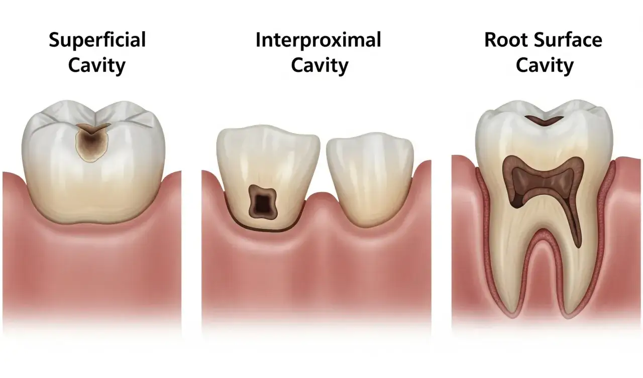 Illustrazione di tre tipi di carie: superficiale, interprossimale e radicolare. Le classi di black sono visibili in diverse aree del dente.