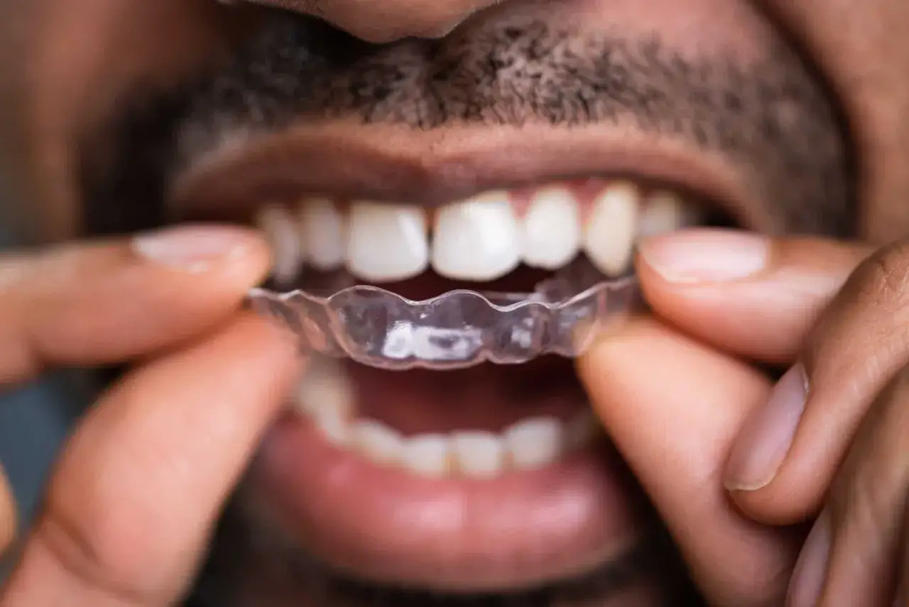 Dita che posizionano un apparecchio trasparente sui denti. Le recensioni Invisalign confermano la discrezione e l'efficacia.
