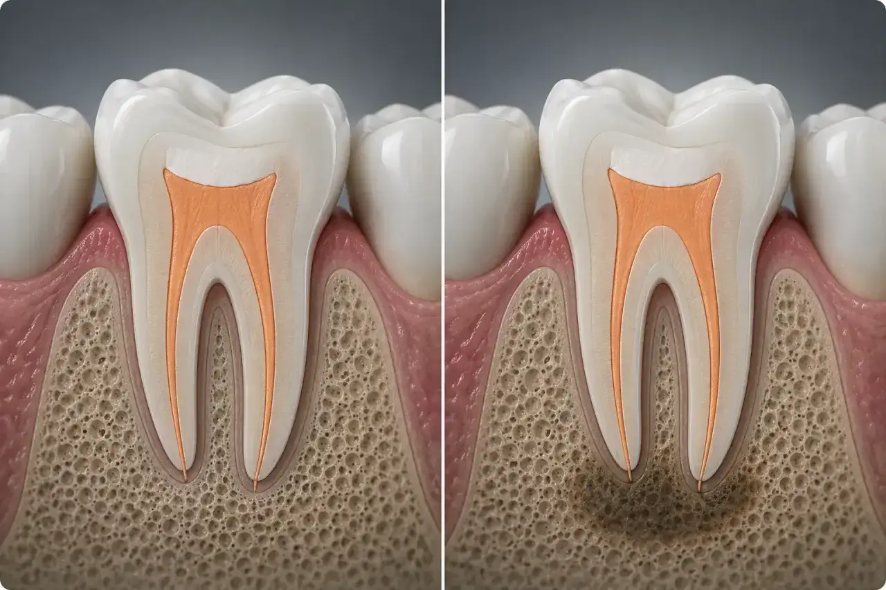 Dente devitalizzato fa male: confronto tra un dente sano e uno con infezione alla radice, mostrando l'infiammazione ossea.