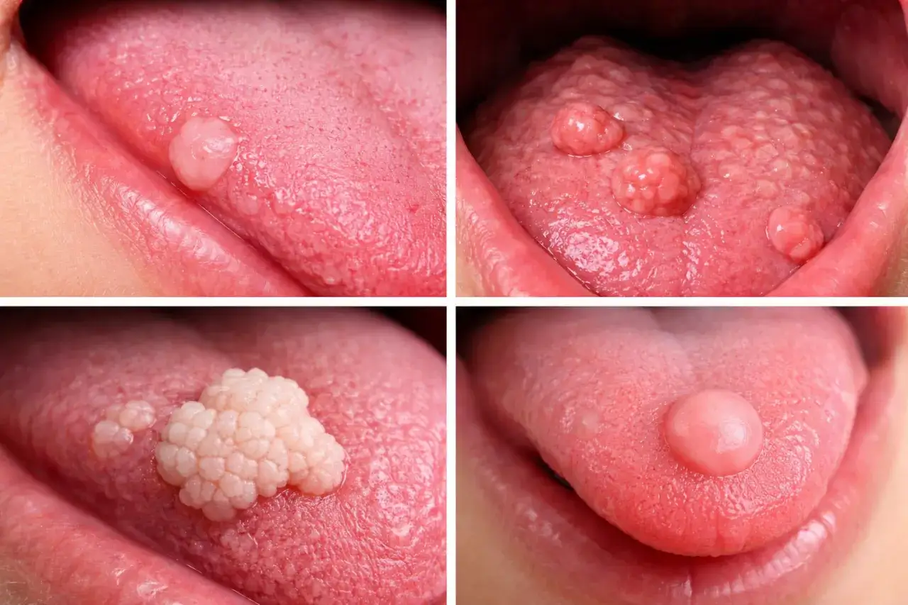Dettagli di fibroma lingua: escrescenze rosa sulla lingua, alcune singole, altre raggruppate, con diverse forme e dimensioni.