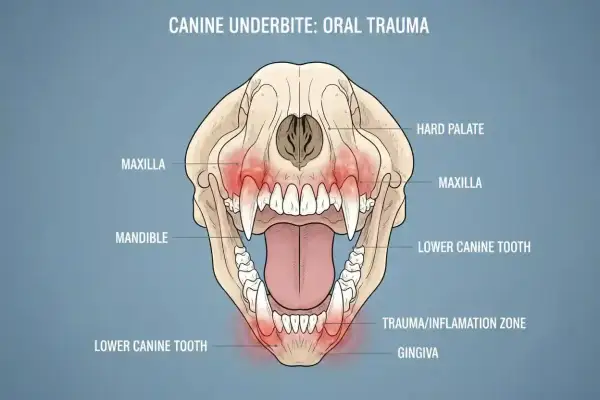 Scheletro di cane con morso inverso, evidenziate le zone di trauma e infiammazione su mascella e gengive.