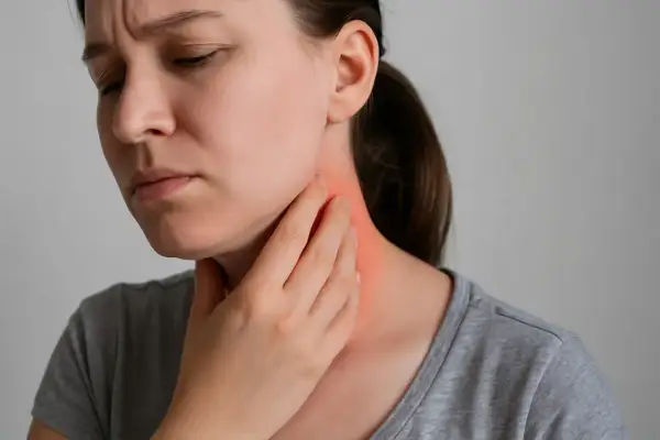 Donna con mano sul collo, evidenziando un'area arrossata e un'espressione di dolore sotto la mandibola.