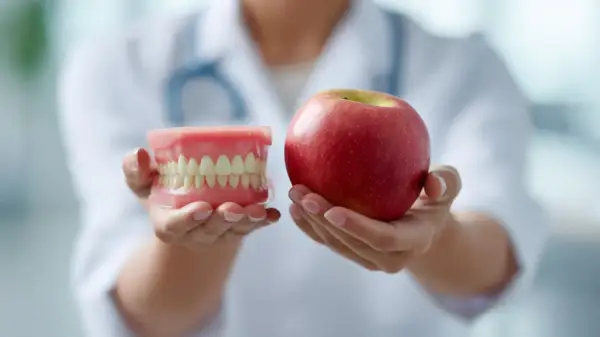 Un dentista mostra un modello di denti e una mela, suggerendo cibi che fanno male ai denti.