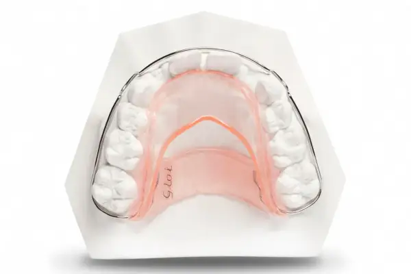 Modello di un elevatore linguale notturno su un calco dentale, progettato per correggere la posizione dei denti durante il sonno.