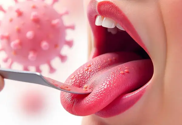 Lingua con papule rosse, forse un segno di papilloma virus. Verruca labbro?