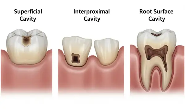 Illustrazione di carie superficiale, interprossimale e radicolare. Impara come prevenire le carie con una corretta igiene orale.