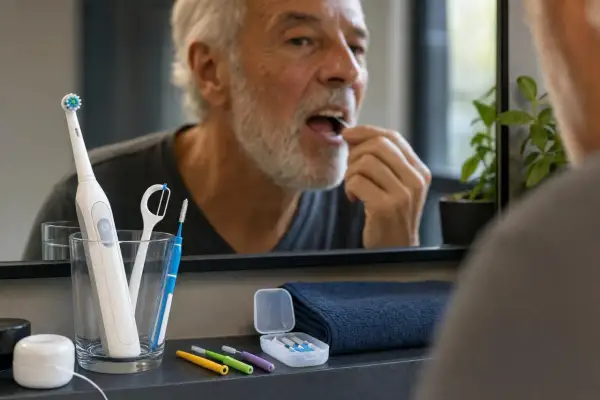 Uomo anziano usa filo interdentale, con spazzolino elettrico e scovolini a portata di mano per la profilassi antibiotica per pulizia denti.