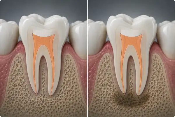 Dente devitalizzato fa male: confronto tra un dente sano e uno con infezione alla radice, che causa infiammazione e dolore.