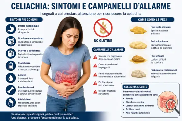 La celiachia può manifestarsi con dolori addominali, gonfiore, stanchezza e alterazioni intestinali. La lingua può mostrare afte.